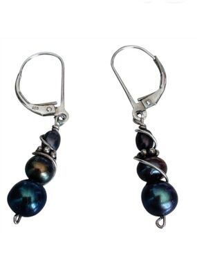 Sterling Silver Iolite & Pearl Lever Back Drop Earrings
